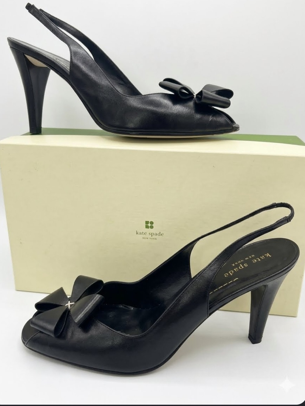 VINTAGE KATE SPADE  CLASSIC BILLO BOW BLACK LEATHER SLING BACK SPIKE HEEL SZ 9.5